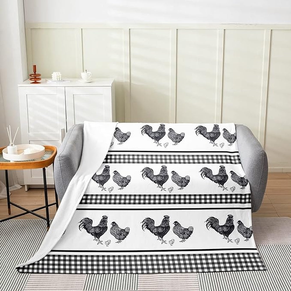 Rooster Chickens Black&White Gingham Pattern Blanket, Farm Blanket, Farm Animal Blanket