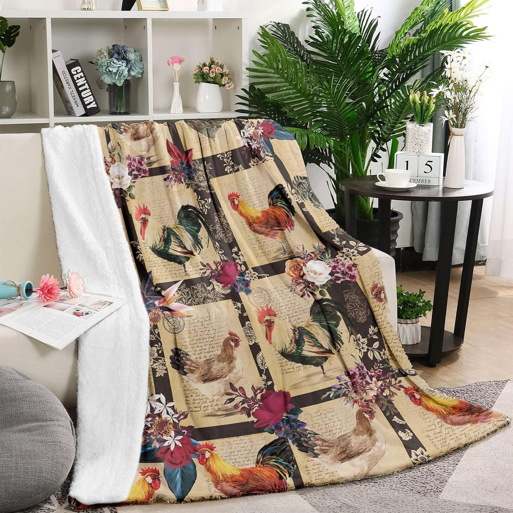 Rooster Chickens Letters & Flower Pattern Blanket, Farm Blanket, Farm Animal Blanket