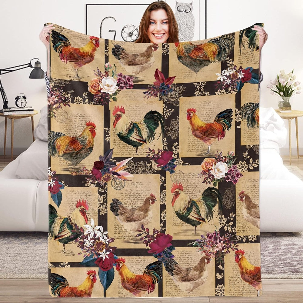 Rooster Chickens Letters & Flower Pattern Blanket, Farm Blanket, Farm Animal Blanket