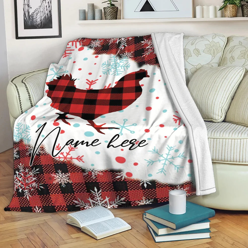 Rooster Chickens Snowflake Red Tartan Blanket, Farm Blanket, Farm Animal Blanket