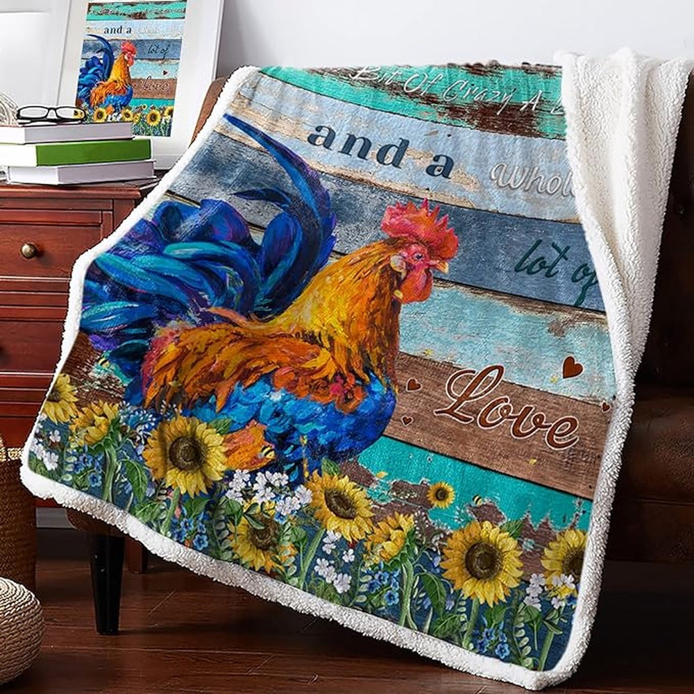 Rooster Chickens Sunflower 3D Printed Blanket, Farm Blanket, Farm Animal Blanket