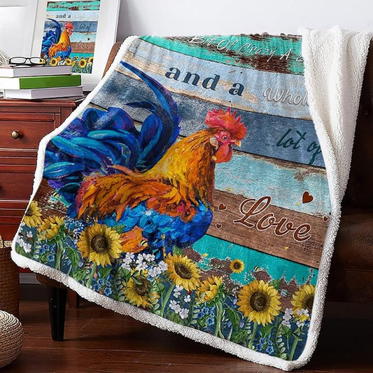 Rooster Chickens Sunflower 3D Printed Blanket, Farm Blanket, Farm Animal Blanket