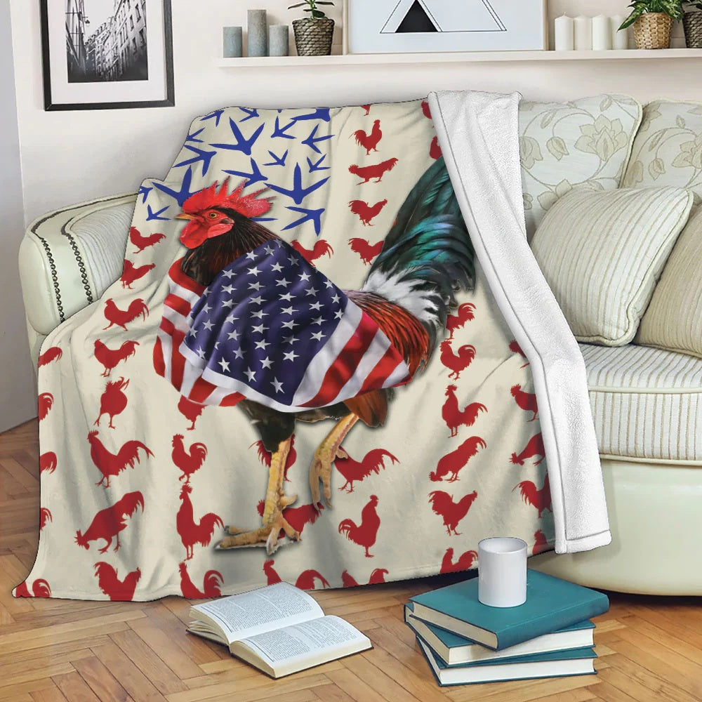 Rooster Chickens U.S Flag Pattern Blanket, Farm Blanket, Farm Animal Blanket