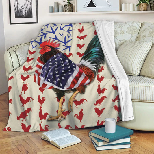 Rooster Chickens U.S Flag Pattern Blanket, Farm Blanket, Farm Animal Blanket