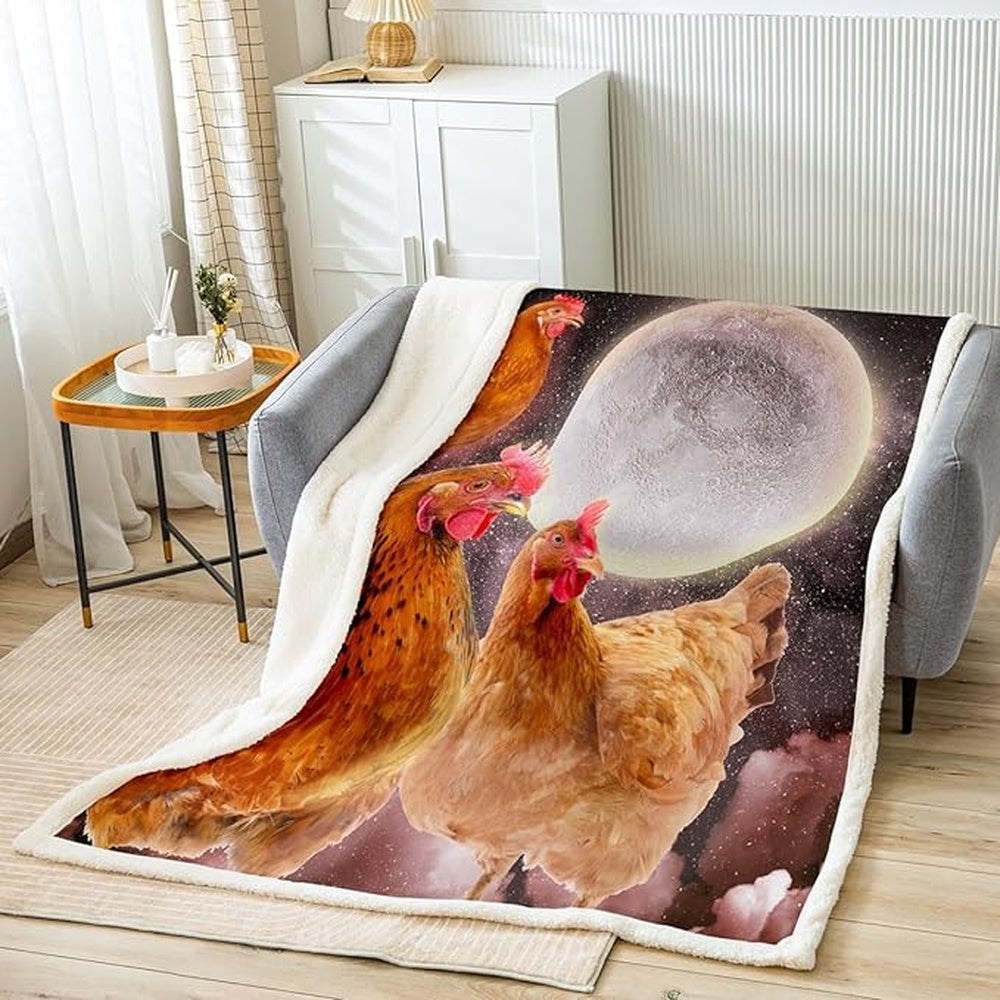 Rooster Chickens Under The Moon Blanket, Farm Blanket, Farm Animal Blanket