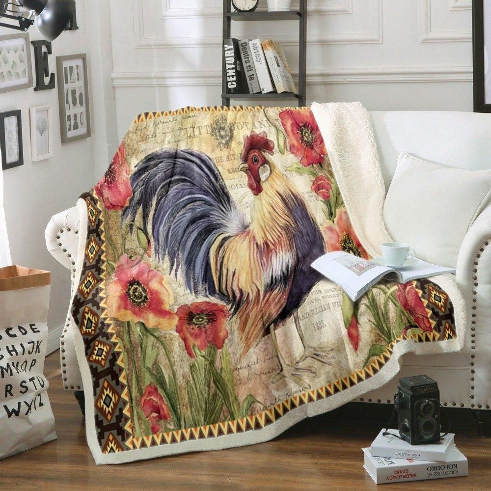 Rooster Chickens Vintage Cockerel Flower Blanket, Farm Blanket, Farm Animal Blanket