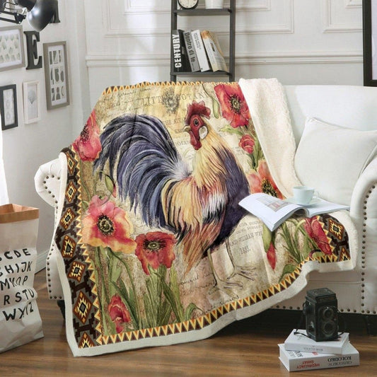 Rooster Chickens Vintage Cockerel Flower Blanket, Farm Blanket, Farm Animal Blanket