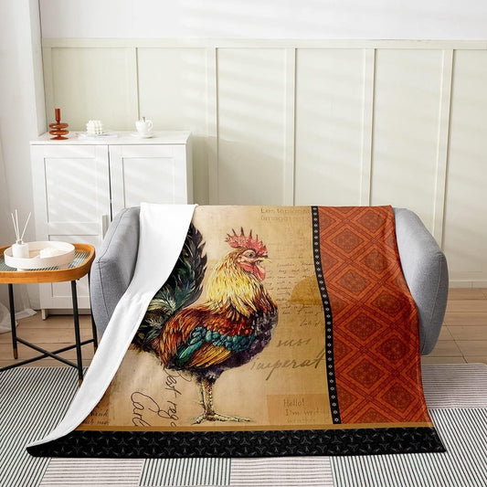Rooster Chickens Vintage Pattern Blanket, Farm Blanket, Farm Animal Blanket