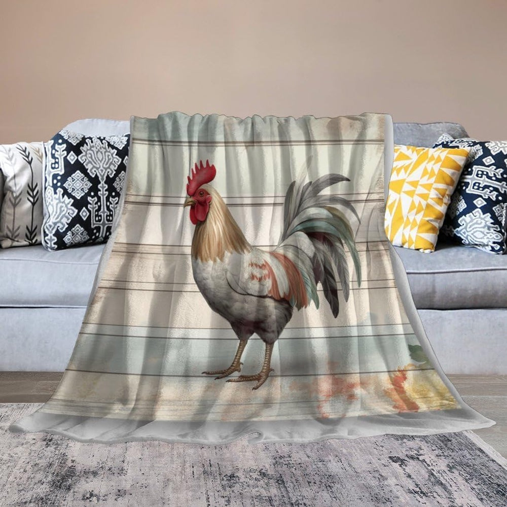 Rooster Chickens White Wood Pattern Blanket, Farm Blanket, Farm Animal Blanket