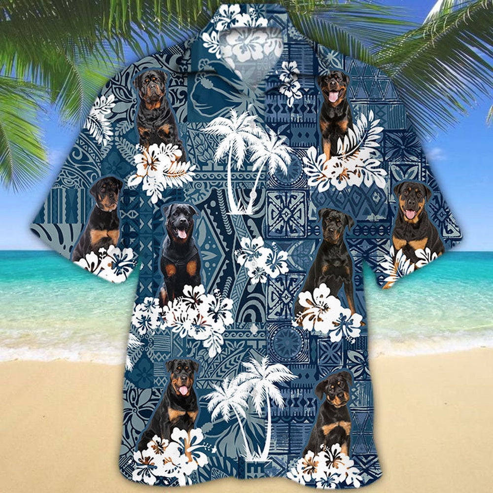 Rottweiler Hawaiian Tropical Plants Pattern Blue And White All Over Printed Hawaiian Shirt, Farm Hawaiian Shirt, Farmer Hawaii
