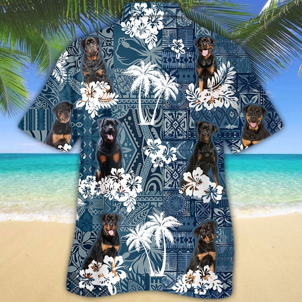 Rottweiler Hawaiian Tropical Plants Pattern Blue And White All Over Printed Hawaiian Shirt, Farm Hawaiian Shirt, Farmer Hawaii