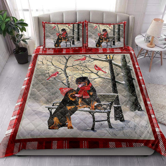 Rottweiler Hellomas Snowflake Winter Park Cardinal Holiday Bedding Set, Christmas Beddings, Xmas Bedding Sets