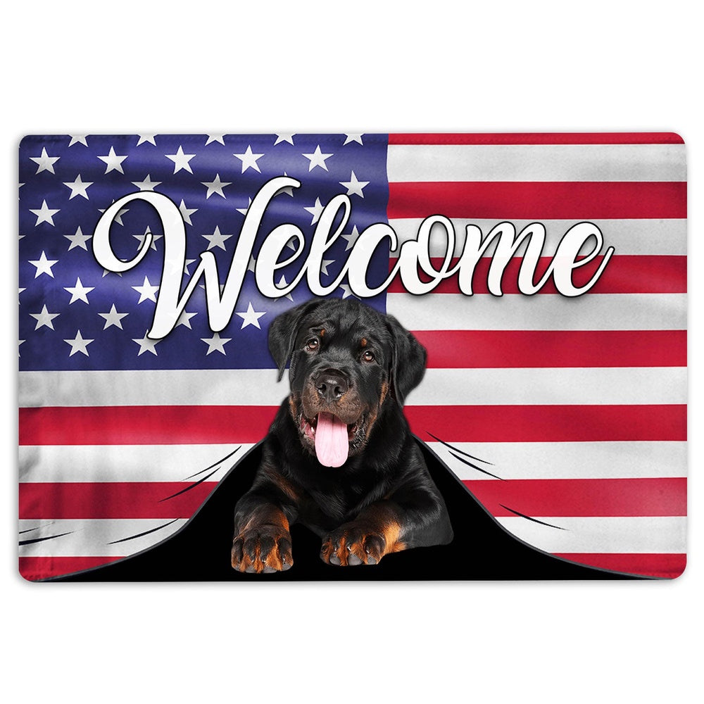 Rottweiler Welcome Doormat, Funny Rottweiler Dog Welcome American Flag USA Patriotic Welcome Doormat, Indoor Outdoor Doormat Home Decor