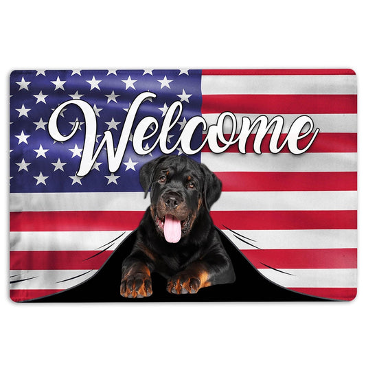 Rottweiler Welcome Doormat, Funny Rottweiler Dog Welcome American Flag USA Patriotic Welcome Doormat, Indoor Outdoor Doormat Home Decor