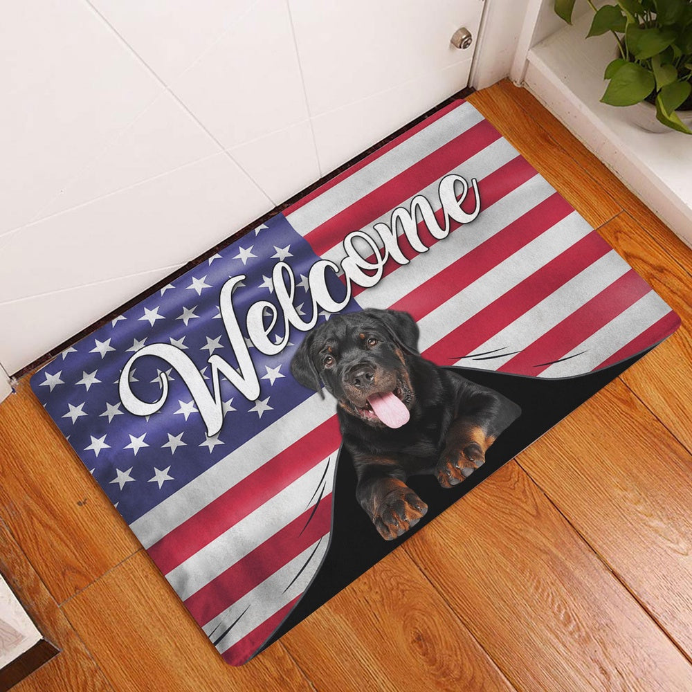 Rottweiler Welcome Doormat, Funny Rottweiler Dog Welcome American Flag USA Patriotic Welcome Doormat, Indoor Outdoor Doormat Home Decor