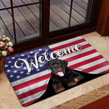 Rottweiler Welcome Doormat, Funny Rottweiler Dog Welcome American Flag USA Patriotic Welcome Doormat, Indoor Outdoor Doormat Home Decor