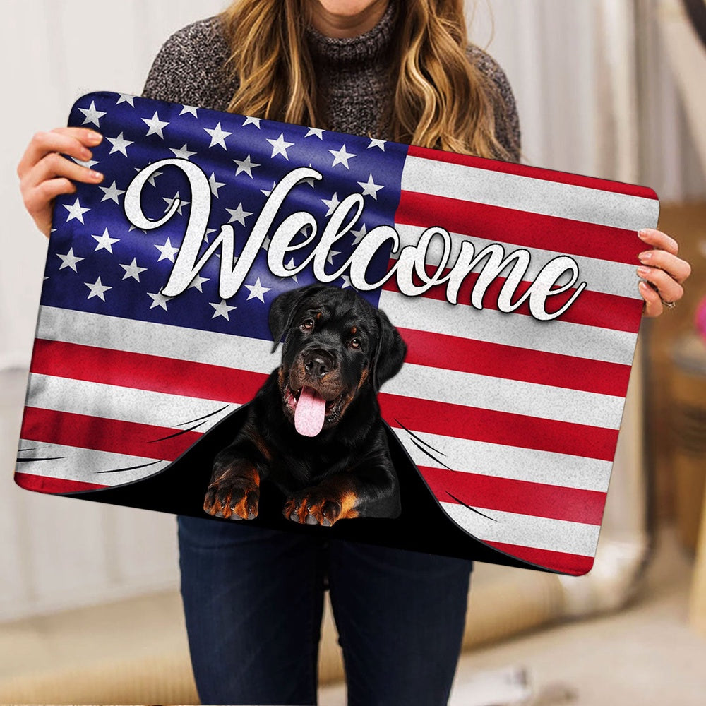 Rottweiler Welcome Doormat, Funny Rottweiler Dog Welcome American Flag USA Patriotic Welcome Doormat, Indoor Outdoor Doormat Home Decor