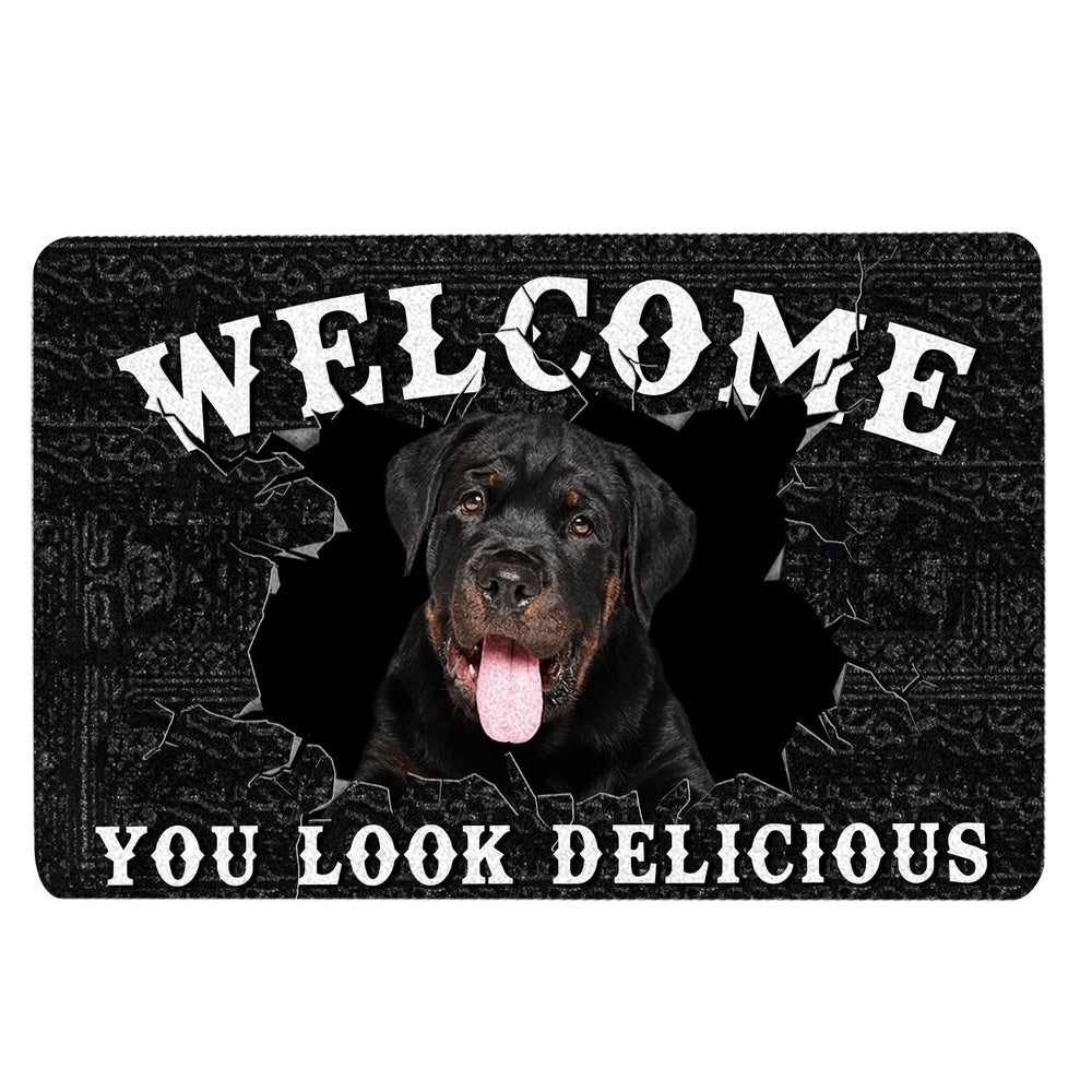 Rottweiler Welcome Doormat, Funny Rottweiler Dog Welcome You Look Delicious Dog Lover Gift Welcome Doormat, Indoor Outdoor Doormat Home Decor