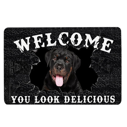 Rottweiler Welcome Doormat, Funny Rottweiler Dog Welcome You Look Delicious Dog Lover Gift Welcome Doormat, Indoor Outdoor Doormat Home Decor