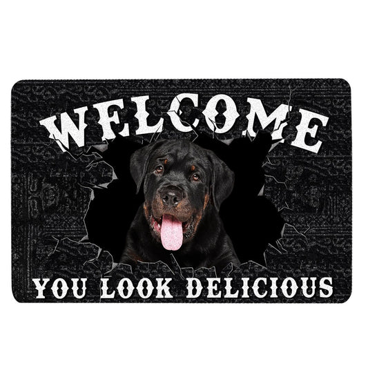 Rottweiler Welcome Doormat, Funny Rottweiler Dog Welcome You Look Delicious Dog Lover Gift Welcome Doormat, Indoor Outdoor Doormat Home Decor