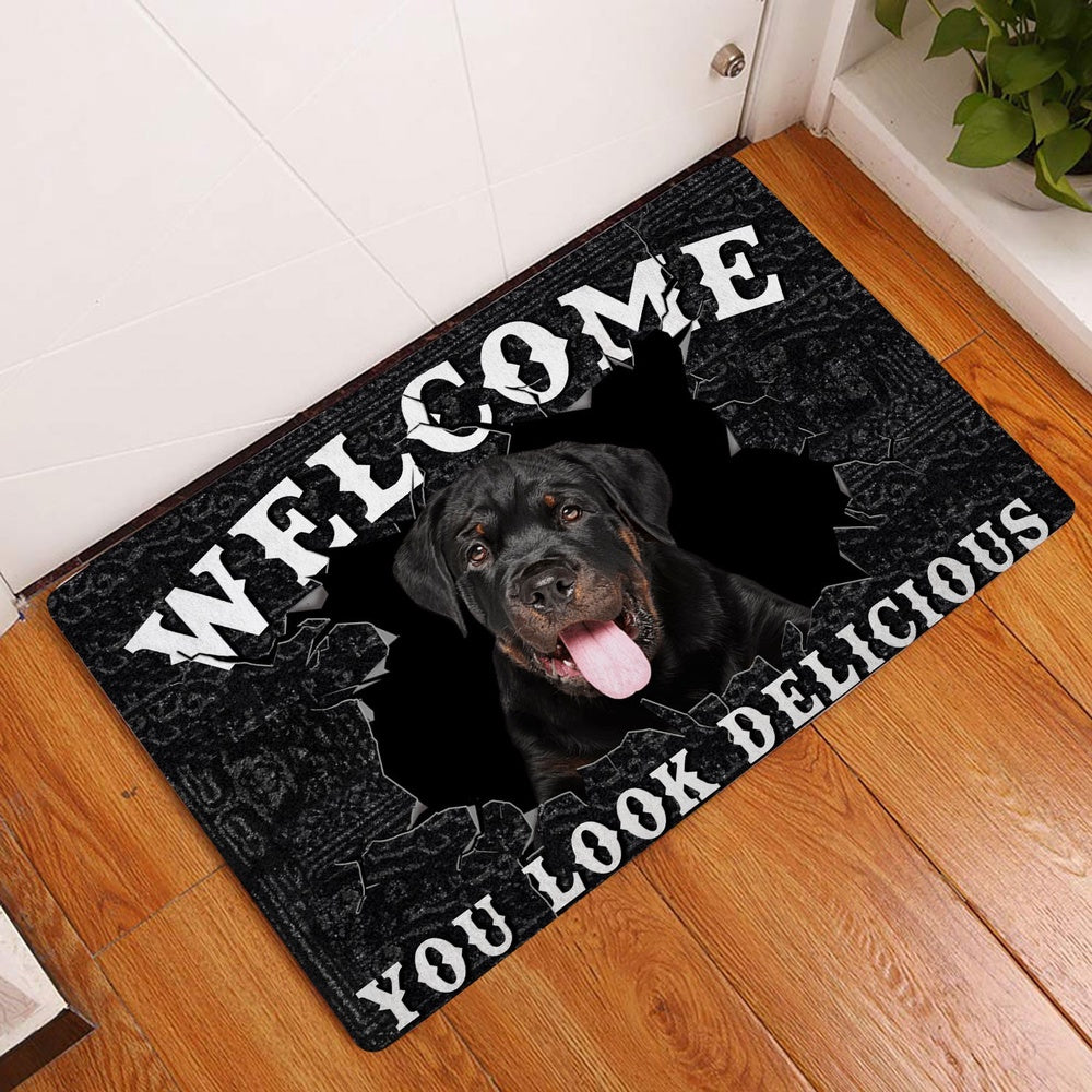 Rottweiler Welcome Doormat, Funny Rottweiler Dog Welcome You Look Delicious Dog Lover Gift Welcome Doormat, Indoor Outdoor Doormat Home Decor