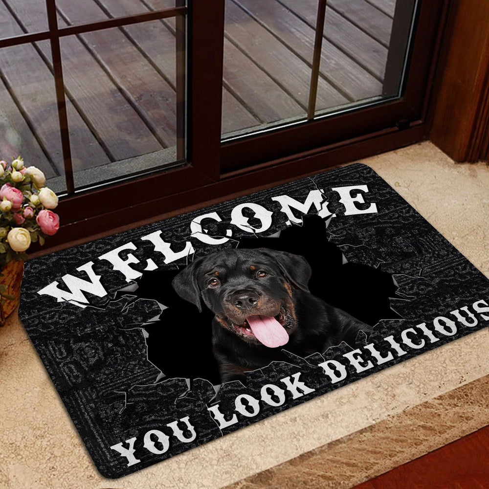 Rottweiler Welcome Doormat, Funny Rottweiler Dog Welcome You Look Delicious Dog Lover Gift Welcome Doormat, Indoor Outdoor Doormat Home Decor