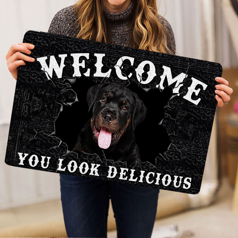 Rottweiler Welcome Doormat, Funny Rottweiler Dog Welcome You Look Delicious Dog Lover Gift Welcome Doormat, Indoor Outdoor Doormat Home Decor