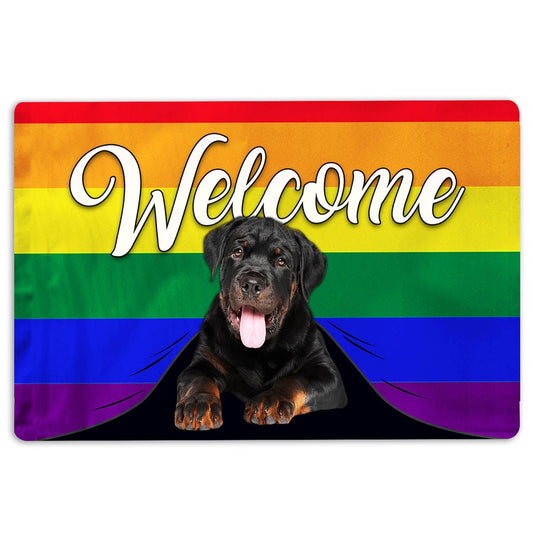 Rottweiler Welcome Doormat, LGBT Rottweiler Dog Welcome Pride Rainbow Flag Welcome Doormat, Indoor Outdoor Doormat Home Decor
