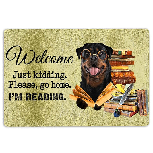 Rottweiler Welcome Doormat, Rottweiler Dog And Book Please Go Home I'm Reading Welcome Doormat, Indoor Outdoor Doormat Home Decor