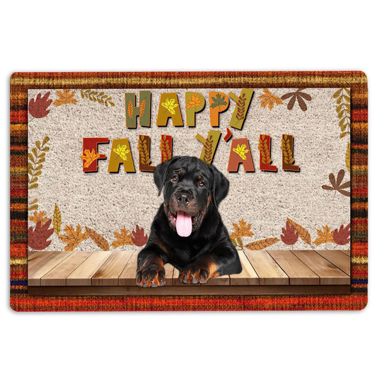 Rottweiler Welcome Doormat, Rottweiler Dog Happy Fall Y'all Pumpkin Spice Maple Leaf Welcome Doormat, Indoor Outdoor Doormat Home Decor