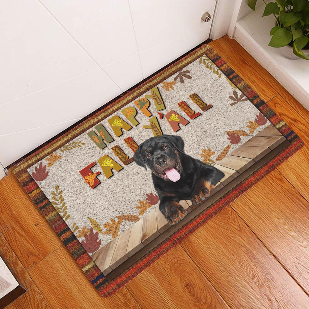 Rottweiler Welcome Doormat, Rottweiler Dog Happy Fall Y'all Pumpkin Spice Maple Leaf Welcome Doormat, Indoor Outdoor Doormat Home Decor