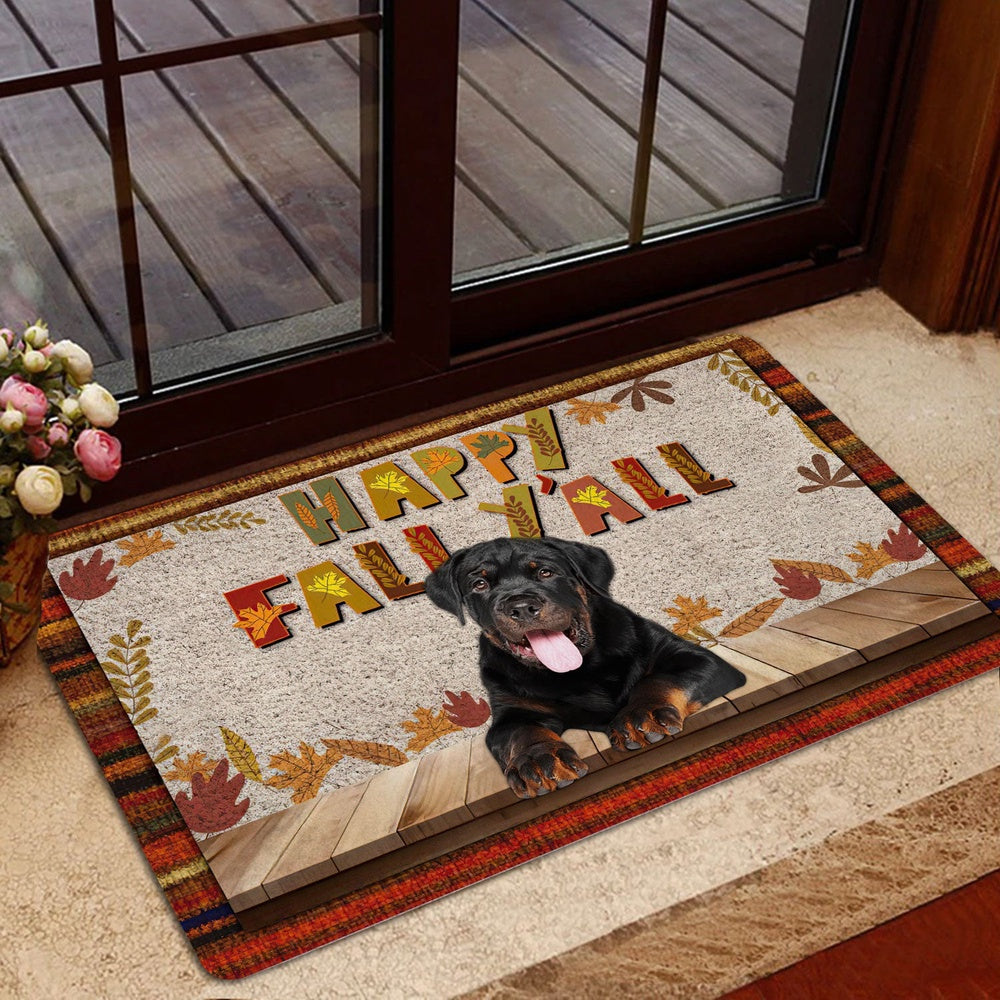 Rottweiler Welcome Doormat, Rottweiler Dog Happy Fall Y'all Pumpkin Spice Maple Leaf Welcome Doormat, Indoor Outdoor Doormat Home Decor