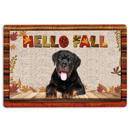 Rottweiler Welcome Doormat, Rottweiler Dog Hello Fall Pumpkin Spice Maple Leaf Autumn Welcome Doormat, Indoor Outdoor Doormat Home Decor