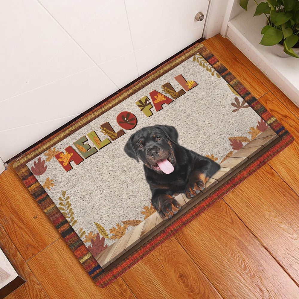 Rottweiler Welcome Doormat, Rottweiler Dog Hello Fall Pumpkin Spice Maple Leaf Autumn Welcome Doormat, Indoor Outdoor Doormat Home Decor
