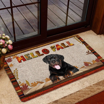 Rottweiler Welcome Doormat, Rottweiler Dog Hello Fall Pumpkin Spice Maple Leaf Autumn Welcome Doormat, Indoor Outdoor Doormat Home Decor