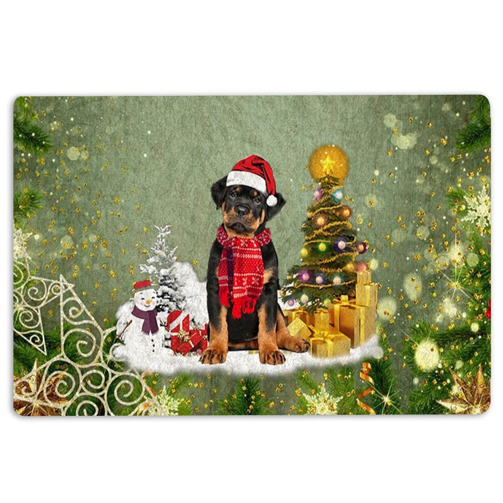 Rottweiler Welcome Doormat, Rottweiler Dog Merry Christmas Snow Christmas Tree Xmas Holidays Welcome Doormat, Indoor Outdoor Doormat Home Decor