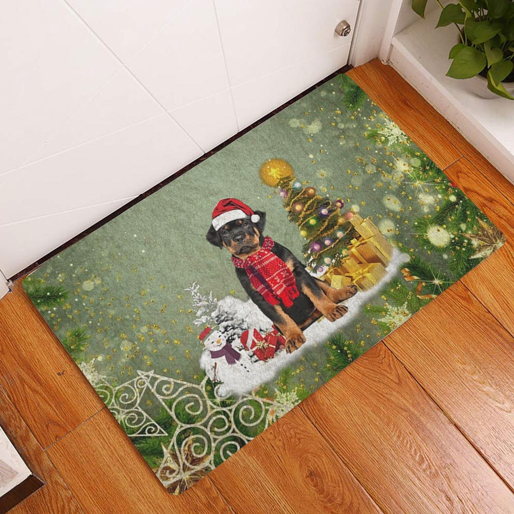 Rottweiler Welcome Doormat, Rottweiler Dog Merry Christmas Snow Christmas Tree Xmas Holidays Welcome Doormat, Indoor Outdoor Doormat Home Decor