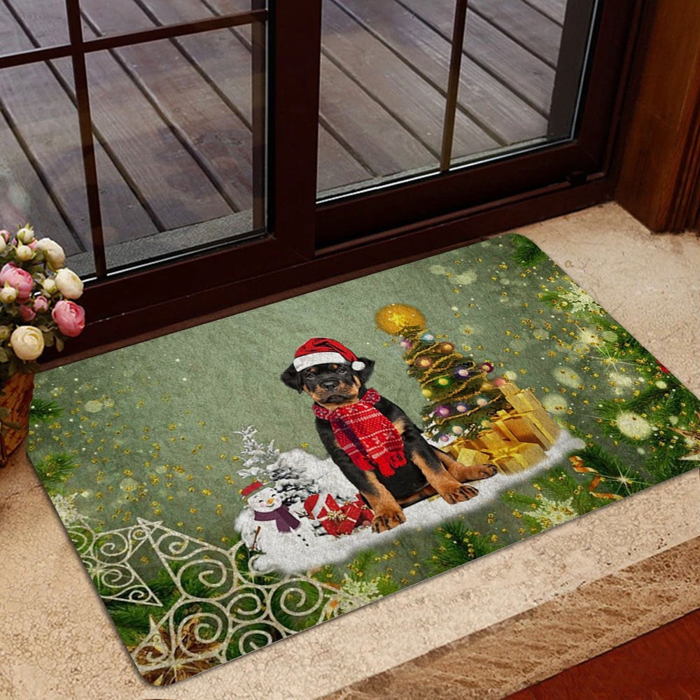 Rottweiler Welcome Doormat, Rottweiler Dog Merry Christmas Snow Christmas Tree Xmas Holidays Welcome Doormat, Indoor Outdoor Doormat Home Decor