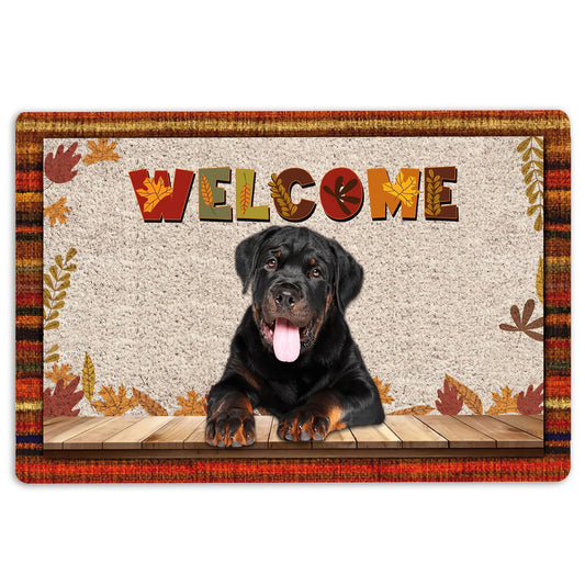 Rottweiler Welcome Doormat, Rottweiler Dog Welcome Fall Autumn Pumpkin Spice Maple Leaf Welcome Doormat, Indoor Outdoor Doormat Home Decor