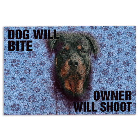 Rottweiler Welcome Doormat, Rottweiler Dog Will Bite Owner Will Shoot Welcome Doormat, Indoor Outdoor Doormat Home Decor