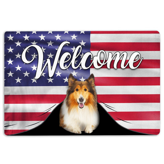Rough Collie Welcome Doormat, Funny Rough Collie Dog Welcome American Flag USA Patriotic Welcome Doormat, Indoor Outdoor Doormat Home Decor