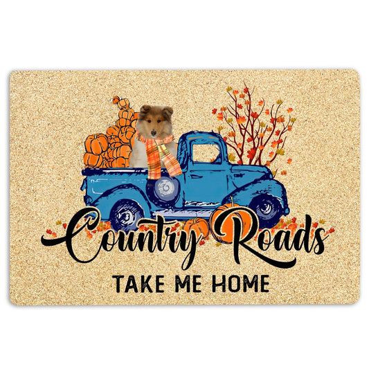 Rough Collie Welcome Doormat, Rough Collie Dog Country Road Take Me Home Fall Pumpkins Autumn Welcome Doormat, Indoor Outdoor Doormat Home Decor