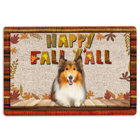 Rough Collie Welcome Doormat, Rough Collie Dog Happy Fall Y'all Pumpkin Spice Maple Leaf Welcome Doormat, Indoor Outdoor Doormat Home Decor