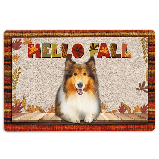 Rough Collie Welcome Doormat, Rough Collie Dog Hello Fall Pumpkin Spice Maple Leaf Autumn Welcome Doormat, Indoor Outdoor Doormat Home Decor