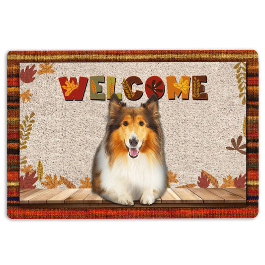 Rough Collie Welcome Doormat, Rough Collie Dog Welcome Fall Autumn Pumpkin Spice Maple Leaf Welcome Doormat, Indoor Outdoor Doormat Home Decor