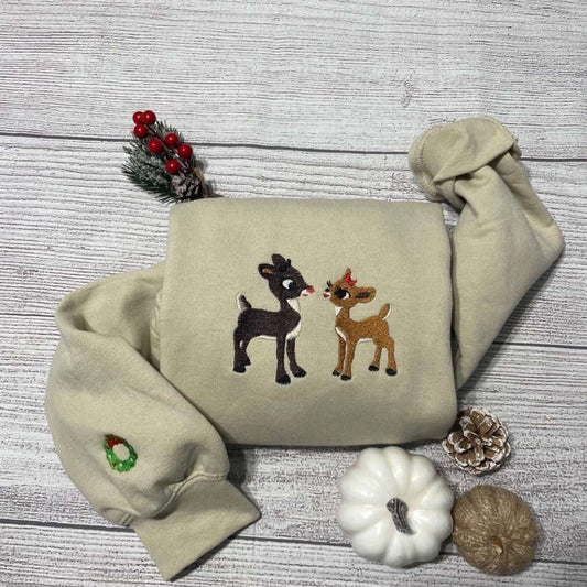 Rudolph And Clarice Embroidered Sweatshirt 2D Crewneck Sweatshirt Gift For Family, Christmas Embroidered, Christmas Gifts