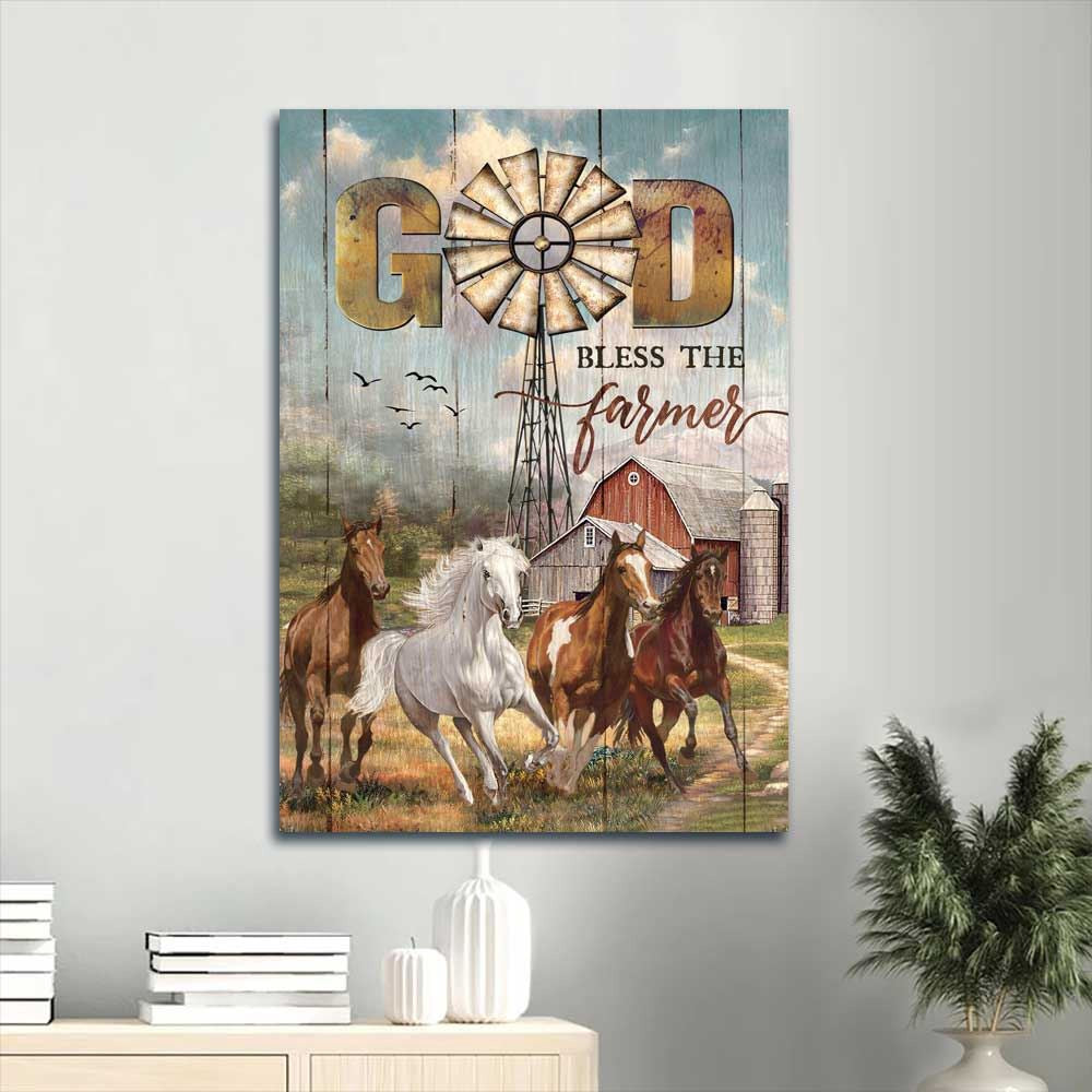 Running Horses, Red Barn, Happy Farm, Awesome Windmill Canvas, God Bless The Farmer Portrait Canvas, Farm Canvas, Farm Art Decor