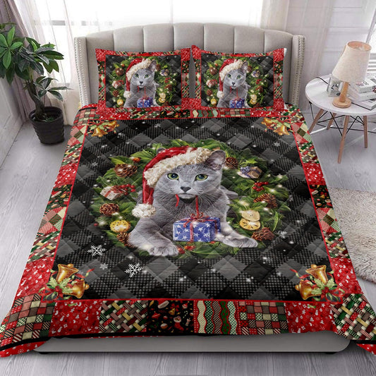 Russian Blue Wearingmas Hat Wreath Cat Bedding Set, Christmas Beddings, Xmas Bedding Sets