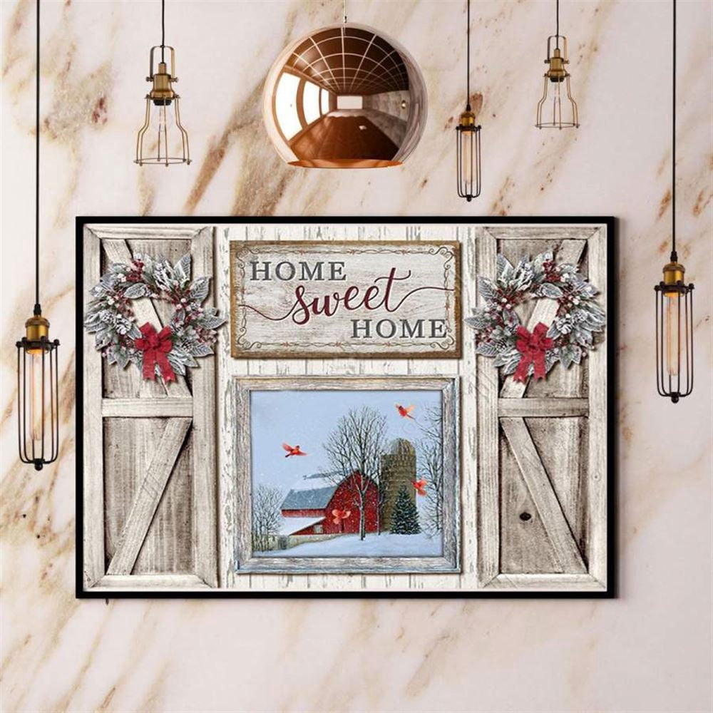 Rustic Window Home Sweet Home Happy Christmas Snow Winter Cardinal And Farmhouse Canvas, Farm Canvas, Farm Gift, Farm Home Decor