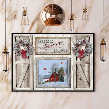 Rustic Window Home Sweet Home Happy Christmas Snow Winter Cardinal And Farmhouse Canvas, Farm Canvas, Farm Gift, Farm Home Decor